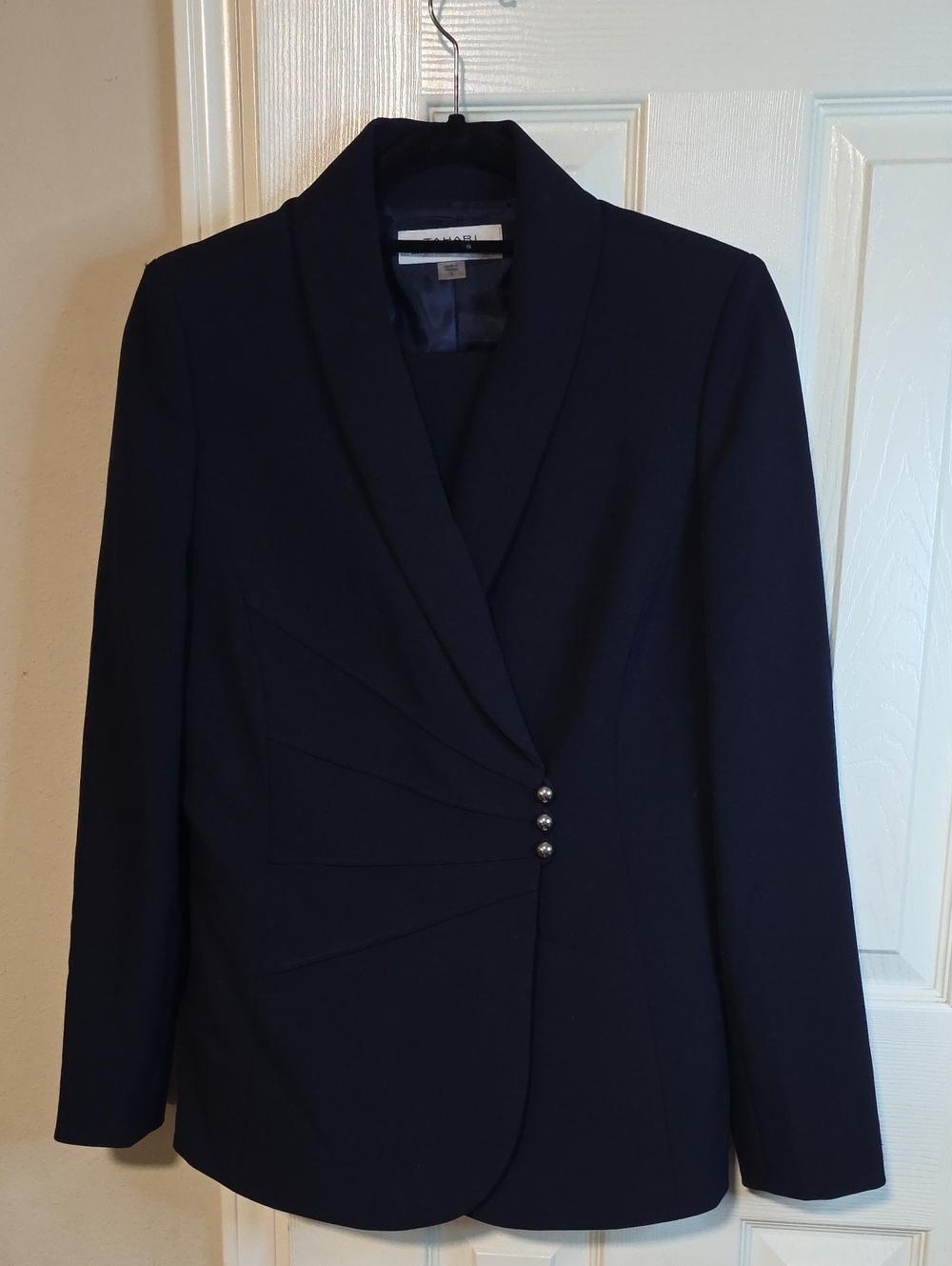 Tailored Navy Women's Blazer with Decorative Button Accent With Slacks